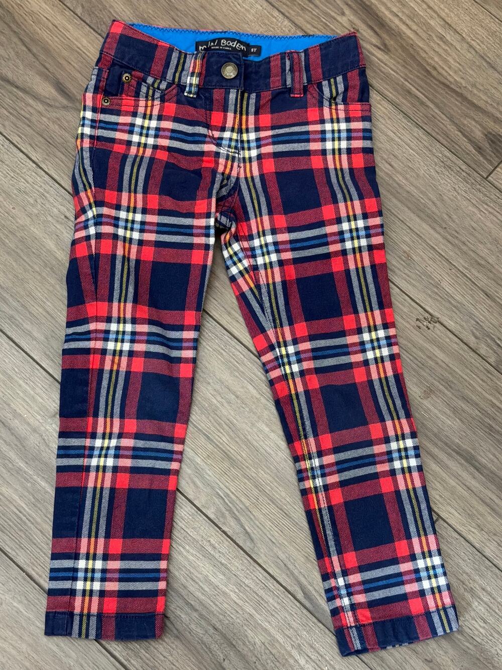 Mini Boden Girls Red Navy Tartan Plaid Skinny Pants Holiday Festive Size 5